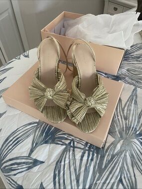 Loeffler Randall Gold Pleated Knot Slingback Heels